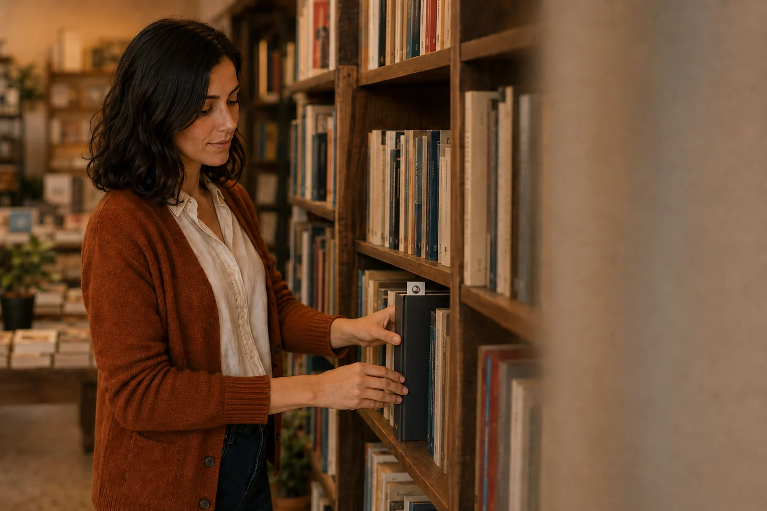 Una donna lascia un libro con un invito sullo scaffale di una libreria