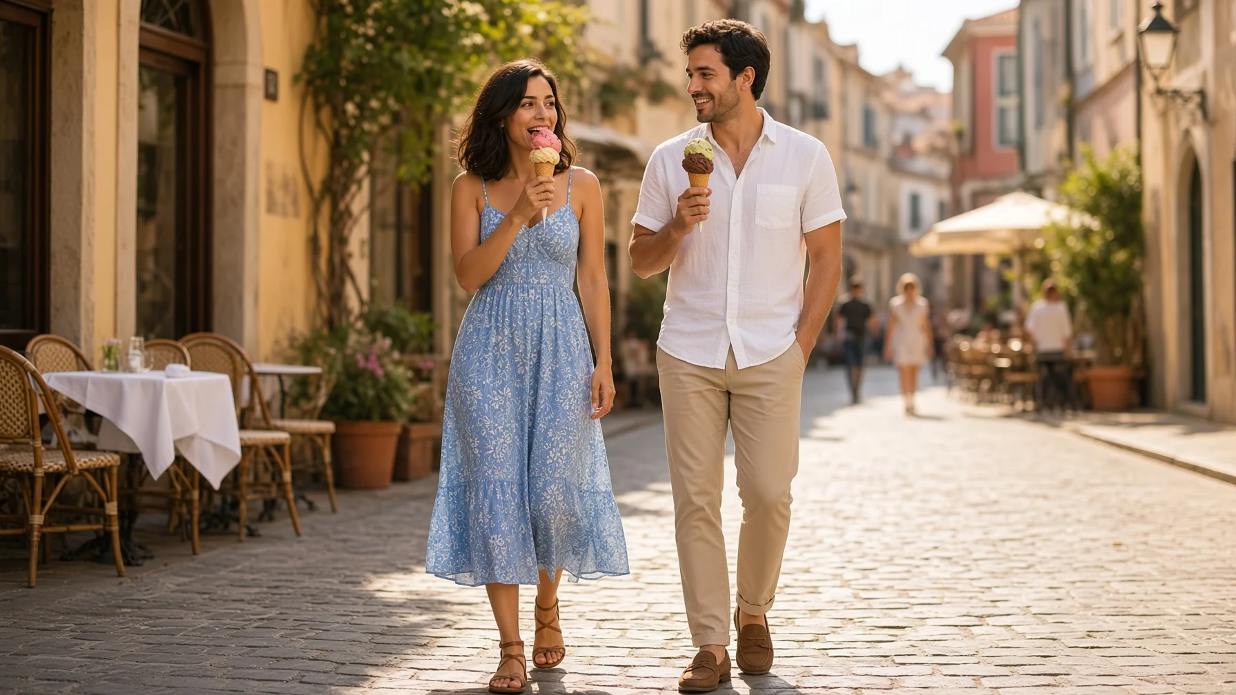 Due persone passeggiano in centro mangiando un gelato