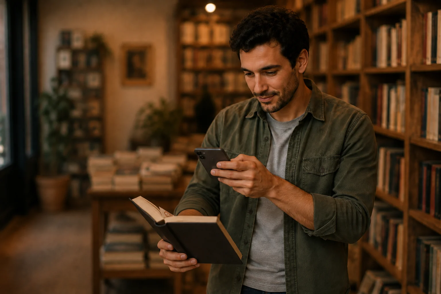 Un uomo scansiona con il telefono l'invito trovato in un libro